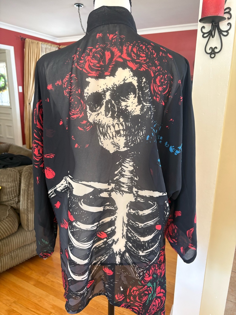 Skeleton & Roses Sheer Kimono Jacket - Black, Red, Cream